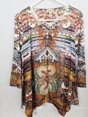 NWOT - One World Multi-Color Brown with Rhinestone Accents 3/4 Sleeve, XL